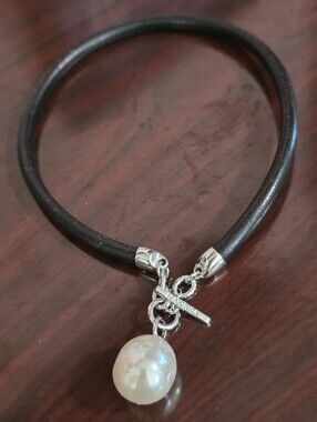 MAJORICA LEATHER CHOKER PEARL Black Leather Necklace White Pearl Pendant Y2K